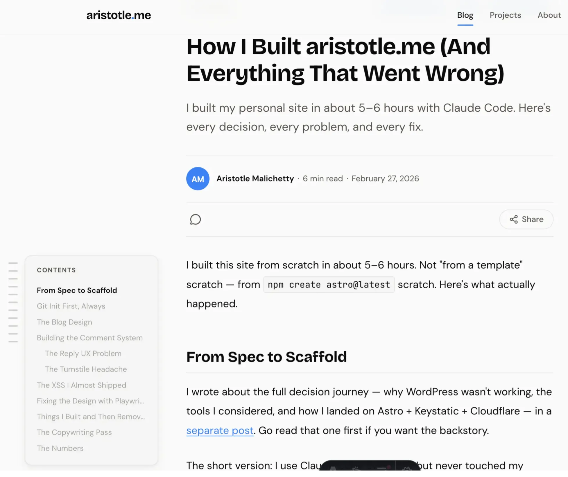 The aristotle.me blog layout. Byline, reading time, collapsible table of contents. Heavily inspired by Substack.