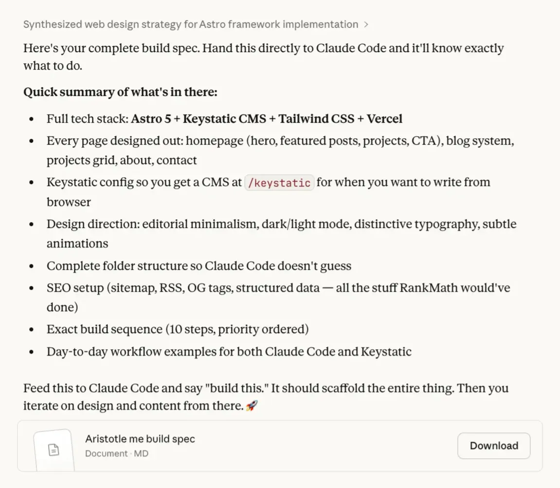 The build spec Claude generated. Every page, tool, and design decision mapped out before writing a single line of code.