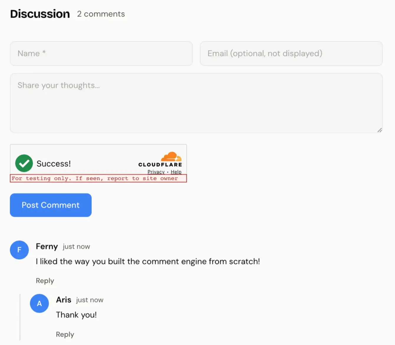 The comment system. Turnstile widget, threaded replies, inline reply form. More work than it looks.